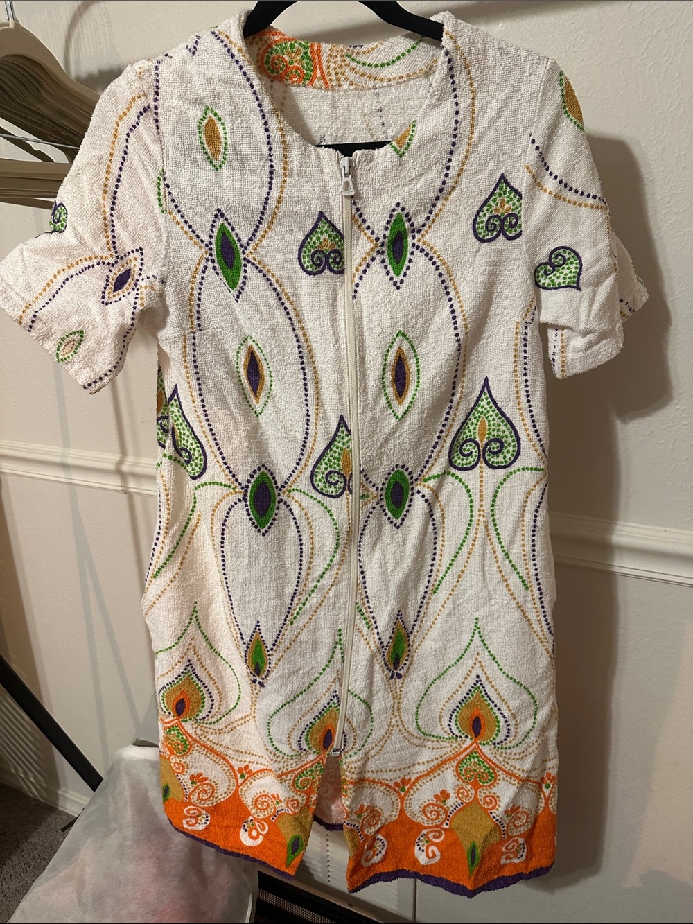 Vintage terry cloth cover up with zip up. Green orange purple and yellow